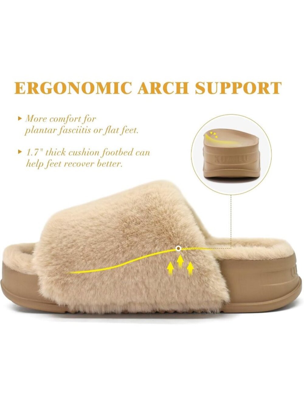 Women's Plush Beige Soft Cushioned & Adjustable Fuzzy Faux Fur Slippers Slides - Picture 5 of 6